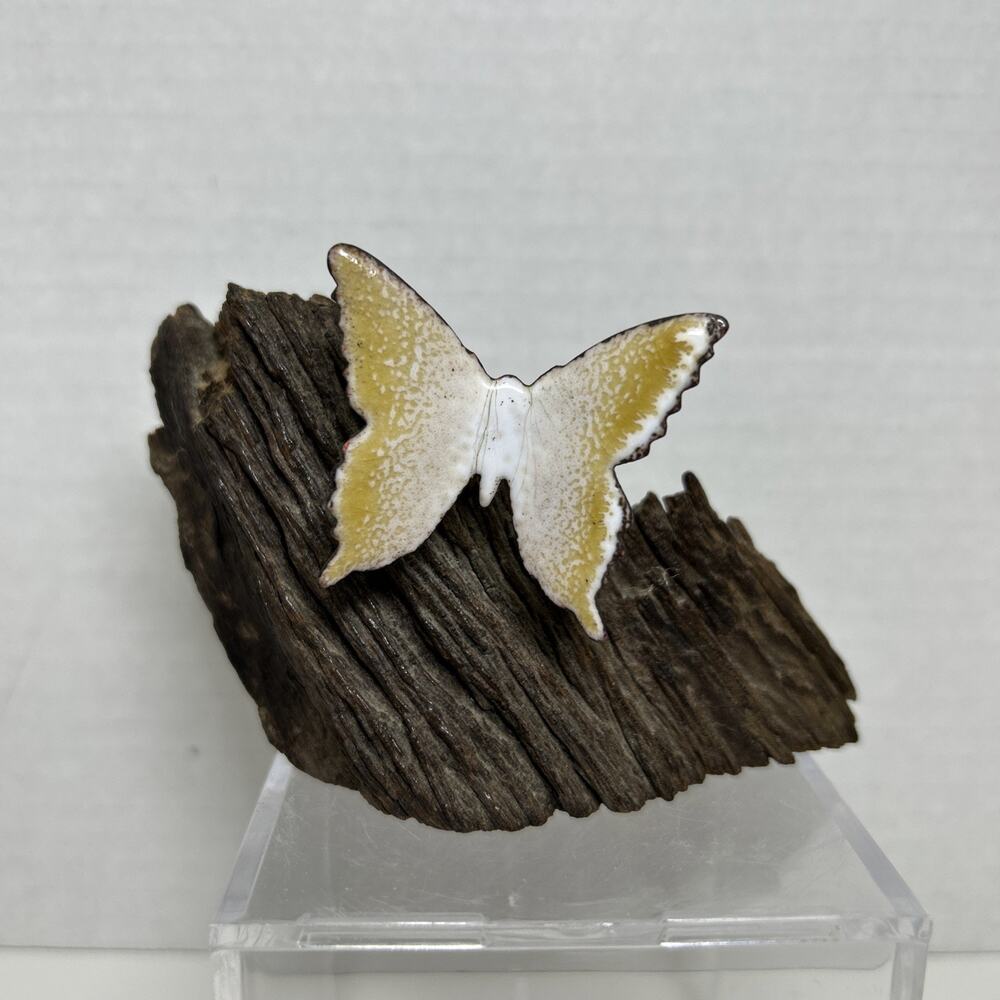 Artisan Enamel on Copper Sculpture Yellow White Moth Butterfly On Wood 3"